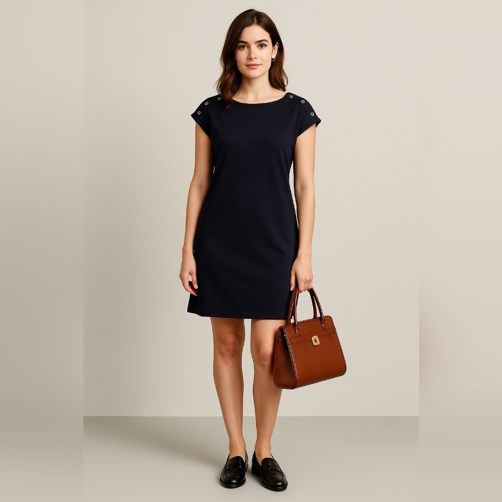 Talbots Navy Blue Button Shoulder Shift Dress‎ – Size Medium, Great Condition